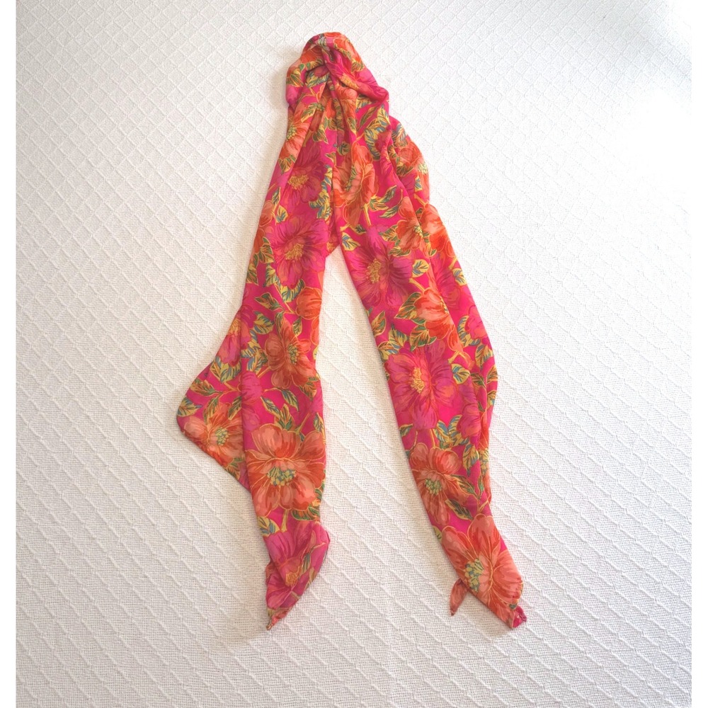 Vibrant Pink and Orange Floral Print Lightweight Semi-Sheer Long Scarf
